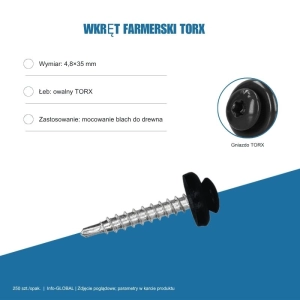 Wkręt farmerski TORX z owalnym łbem 4,8x35 mm do drewna – 250 szt., kolor RAL do wyboru